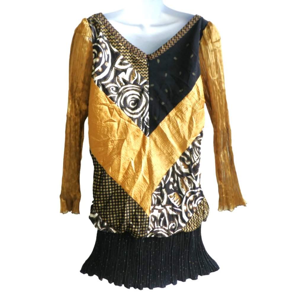 Jeanne Marc USA Vintage 80s Cocktail Dress Black Gold Drop Waist Accordion Skirt